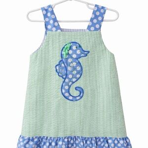 Seersucker Dress Blue and Green Sundress  Polka Dot Seahorse Bailey Boys Dress